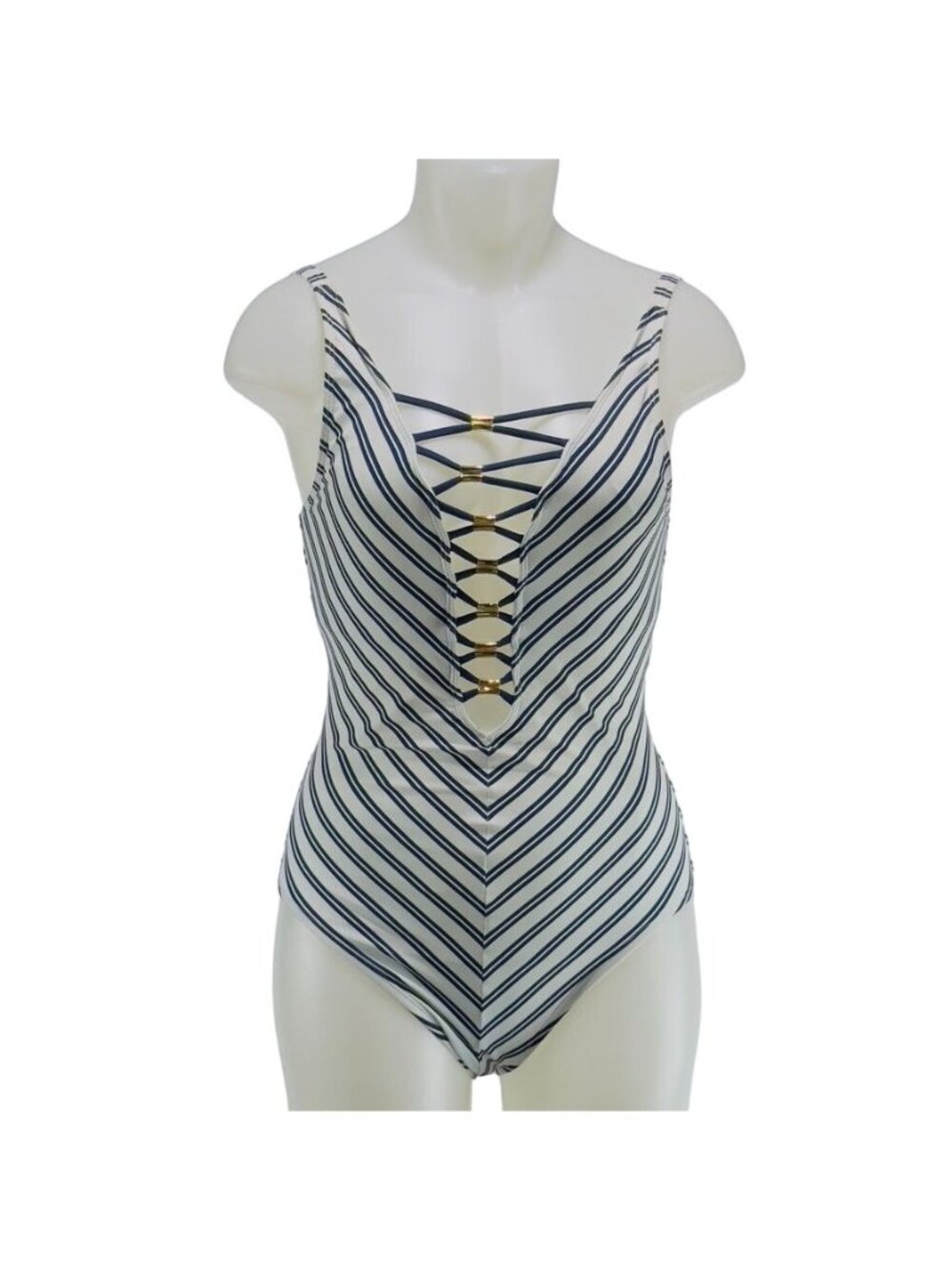 BLEU ROD BEATTIE Women's Swimsuit 1 Pc Striped Open Back Lace  Up Size 4